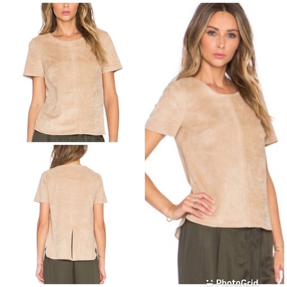 1. STATE Faux Suede Split Back Short Sleeve Top